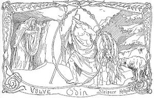 Völve, Odin, Sleipnir og Helhound (Lorenz Frølich).jpg