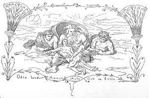 Odin, Lodur, Hoenir skabe Ask og Embla (Lorenz Frølich).jpg